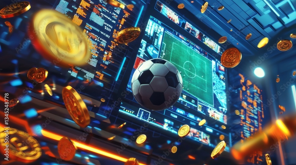 Fototapeta premium Dynamic Soccer Ball Surrounded by Coins and Digital Interfaces