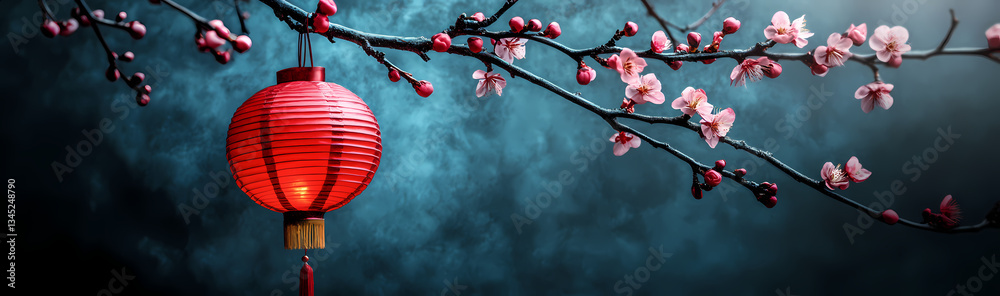 Obraz premium Red Lantern and Cherry Blossom Branch: A captivating scene features a vibrant red lantern, suspended amidst a delicate cherry blossom branch, evoking a sense of tranquility and cultural richness.