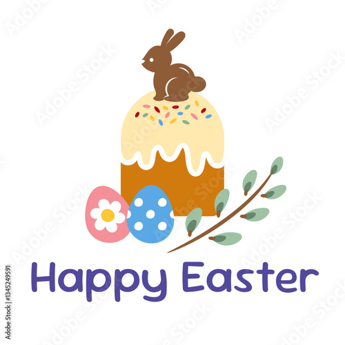 Greeting card with easter cake, chocolate rabbit, eggs and a pussy willow twig on a white background. Cute Happy Easter poster with a traditional bread and a bunny