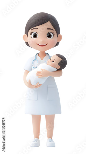 Caring nurse cradling a newborn baby with a nurturing smile