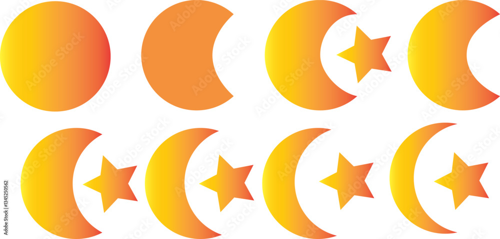 golden color moon shape icon half moon, full moon . small moon, big moon with star line art golden color moon shape icon half moon, full moon . small moon, big moon with star line art