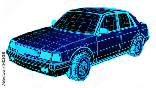 3D wireframe car illustration with blue lines on a white background.