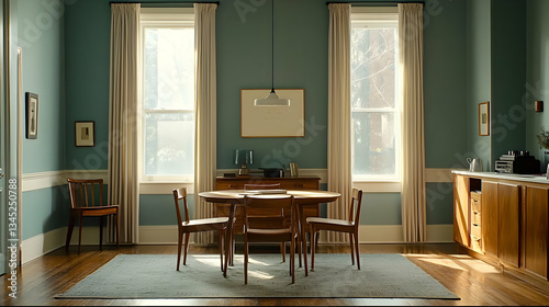 Elegant Dining Room Interior With Wooden Table And Chairs By Large Windows Providing Ambiance Lighting