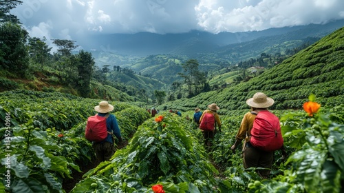Farmers harvesting coffee bean crops in the highlands against mountain landscape