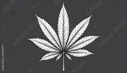 Detailed black and white cannabis leaf illustration with fine linework and shading.