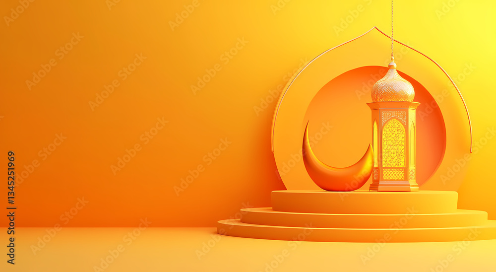 Golden Lantern of Illumination: A stunning and artistic digital illustration captures a traditional golden lantern and crescent moon set against a vibrant, inviting backdrop.