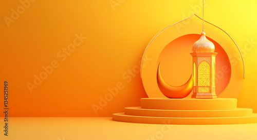 Golden Lantern of Illumination: A stunning and artistic digital illustration captures a traditional golden lantern and crescent moon set against a vibrant, inviting backdrop.