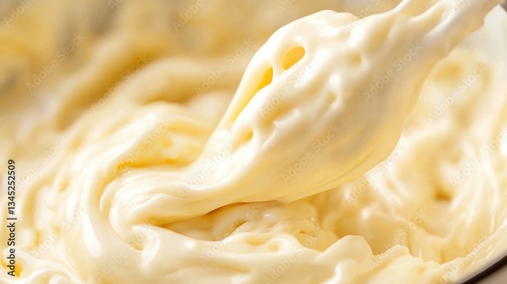 A close-up of elbow macaroni being stirred into thick, melted cheese.
