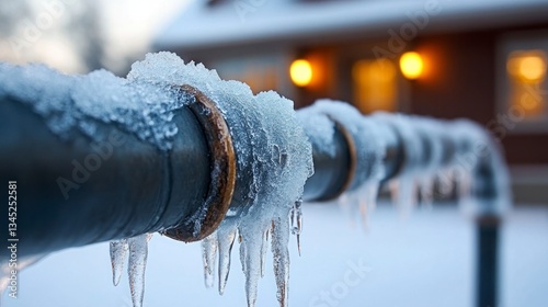 Frozen pipes covered in ice and snow.  Exterior plumbing issues in winter