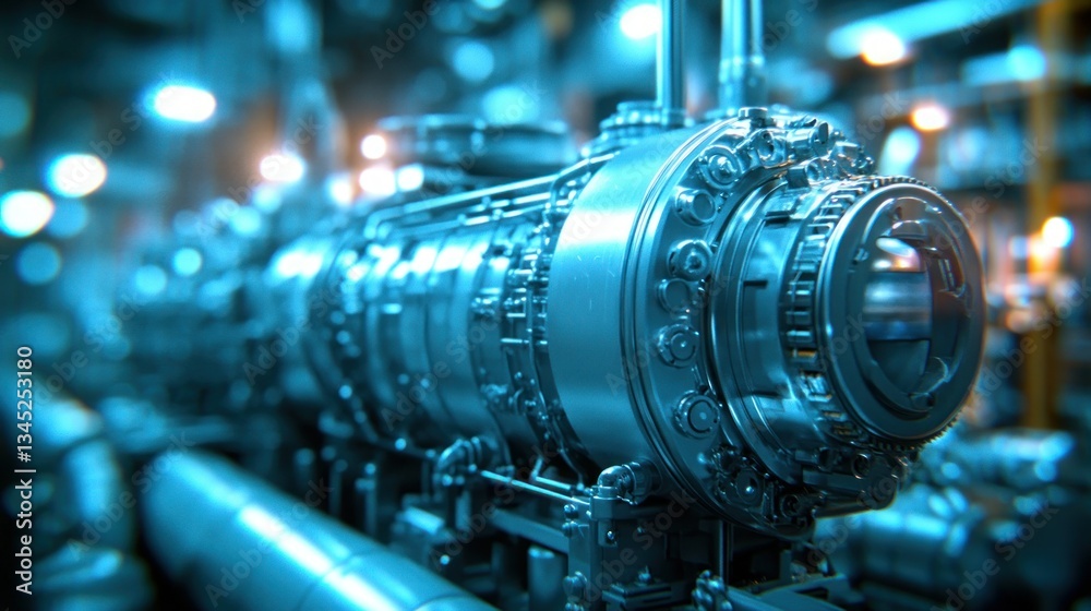 Industrial machinery components close-up. Complex mechanical system with intricate metal parts and gears. High-tech, advanced engineering Industrial machinery components close-up. Complex mechanical system with intricate metal parts and gears. High-tech, advanced engineering