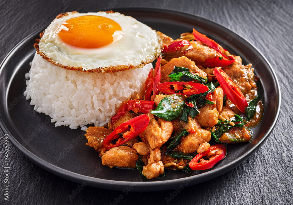 Thai basil chicken stir-fry with jasmine rice, red chili, and crispy fried egg on a black slate plate Thai basil chicken stir-fry with jasmine rice, red chili, and crispy fried egg on a black slate plate