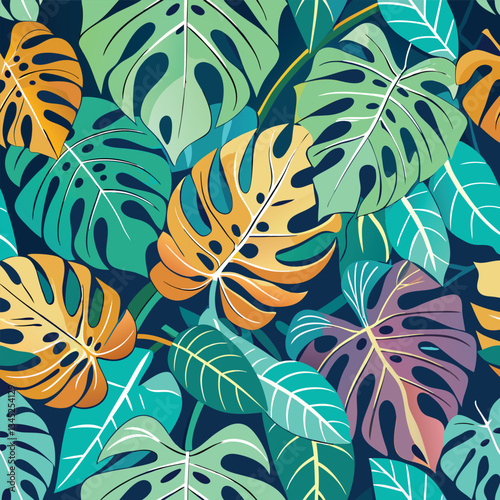 Majestic Monstera Leaf Pattern with Intricate Vectors in Teal