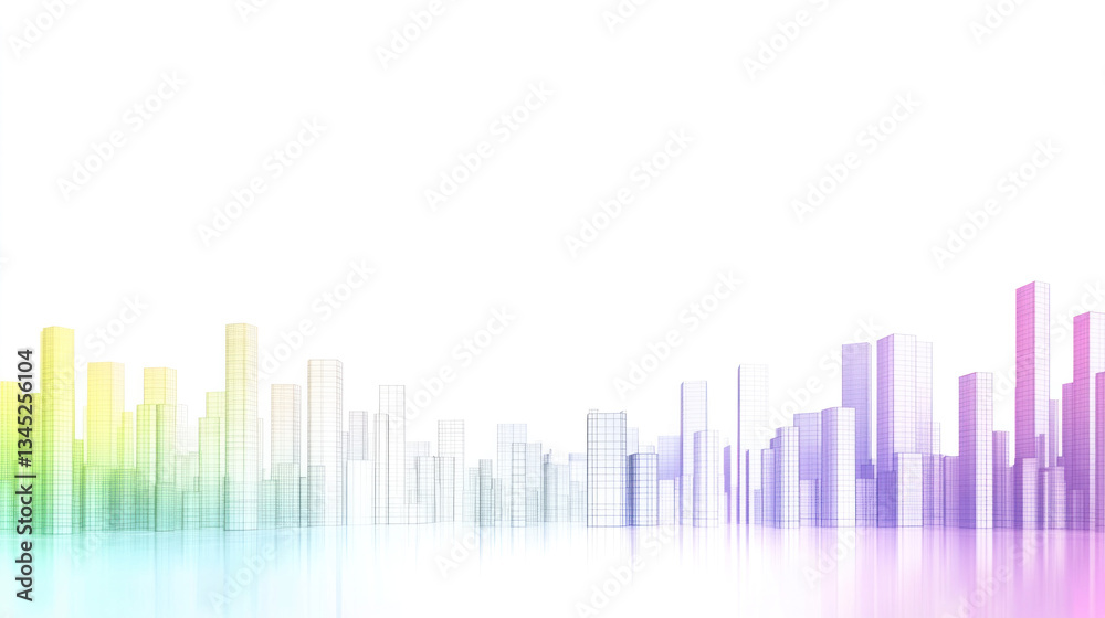 A city skyline with a rainbow background. The city is in the distance and the buildings are tall A city skyline with a rainbow background. The city is in the distance and the buildings are tall