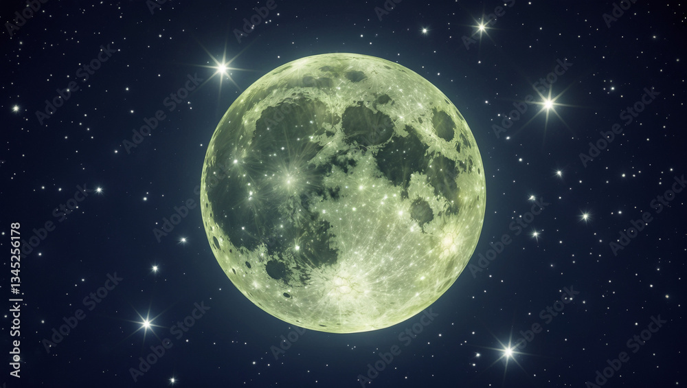 Obraz premium Lunar Celestial Sphere Night Sky, Full Moon, Stars, Galaxy