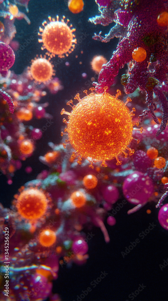 Fototapeta premium A close up of a bunch of red and orange balls that look like viruses. The image has a surreal and abstract feel to it, with the balls appearing to be floating in the air