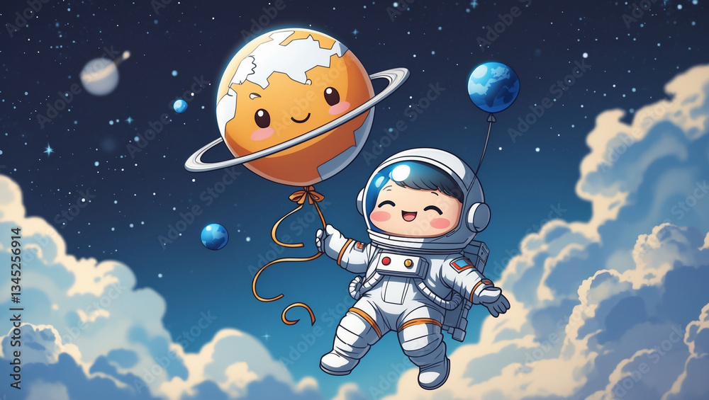 Cute Astronaut Soaring Through Space, Planet Balloon Adventure Cute Astronaut Soaring Through Space, Planet Balloon Adventure