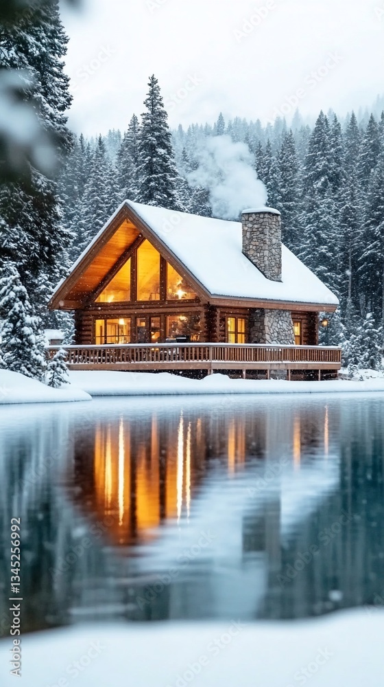 Fototapeta premium Cozy Wooden Cabin Winter Snow Landscape