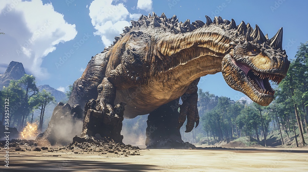Fototapeta premium Massive Titanosaur crushing the ground as it walks unstoppable power