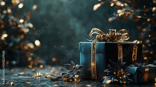 Black and dark teal gift scene, with ornate ribbons, gold foil wrapping, and floral decorations on a dark stone table.