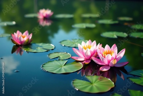 Water lilies and blossoms create floral pattern across lake, pattern, calm, reflection