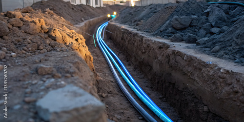Concept of fiber optic in construction site. glowing fiber cables in a freshly cut trench