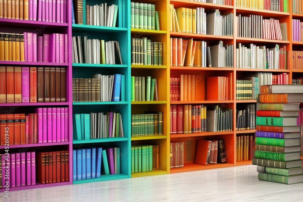 A 3D Illustration of Colorful Bookshelves in a Library A 3D Illustration of Colorful Bookshelves in a Library