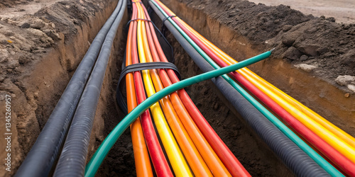 Concept of fiber optic in construction site. high resolution shot of fiber optic trench maintenance