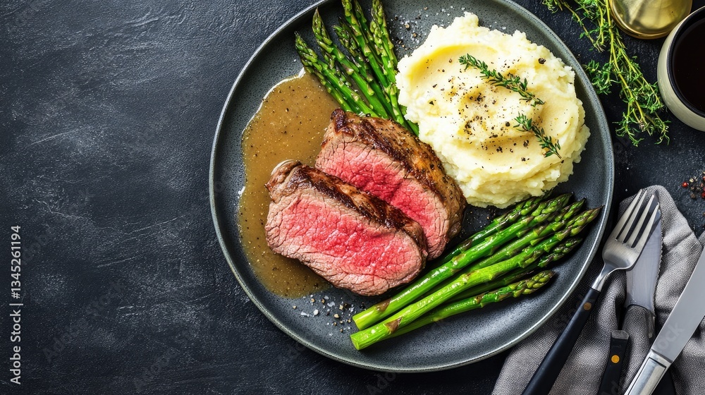 A restaurant-style steak dinner plated with asparagus, mashed potatoes, and gravy.