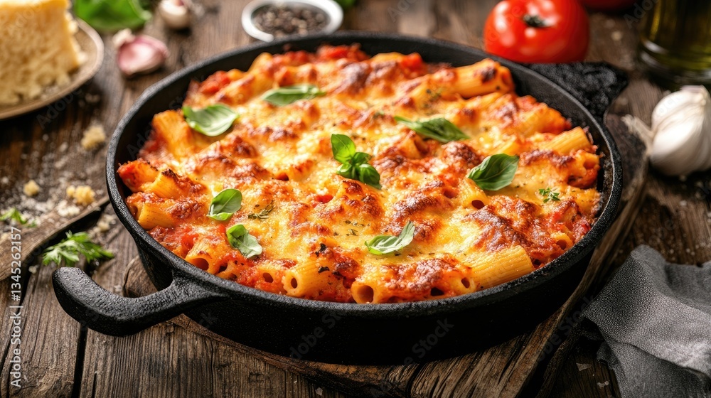 A rustic cast iron skillet filled with golden, bubbly baked ziti fresh from the oven. A rustic cast iron skillet filled with golden, bubbly baked ziti fresh from the oven.