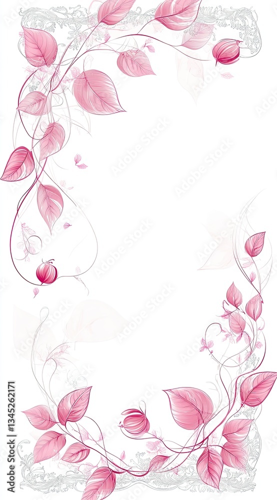 Pink leaves on a white background with a decorative frame, vector illustration Pink leaves on a white background with a decorative frame, vector illustration