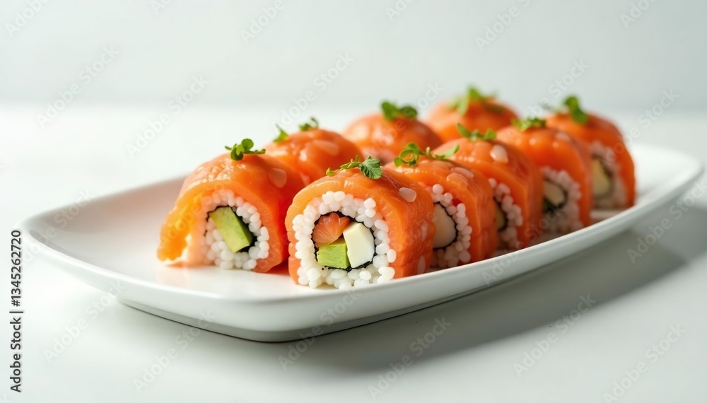 Elegant sushi arrangement on white, minimalist setting, background, tempura Elegant sushi arrangement on white, minimalist setting, background, tempura