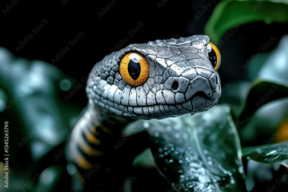 Fototapeta premium A striking snake with distinctive patterns and vivid golden eyes is nestled among lush green foliage. The scene captures the intricate textures and colors, showcasing nature's beauty.