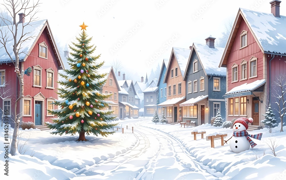 Fototapeta premium Winter Street View Background Image, Christmas Tree, Building, Banner Texture