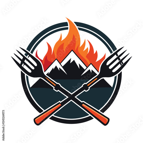 Sizzling Mountain Grill Barbecue with Fork and Flaming Logo