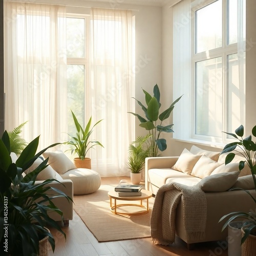 Cozy living room with plants, soft sofa, and natural light creating a serene atmosphere.