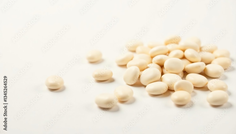 Scattered white beans on pristine white background, natural background, vegan, clean Scattered white beans on pristine white background, natural background, vegan, clean
