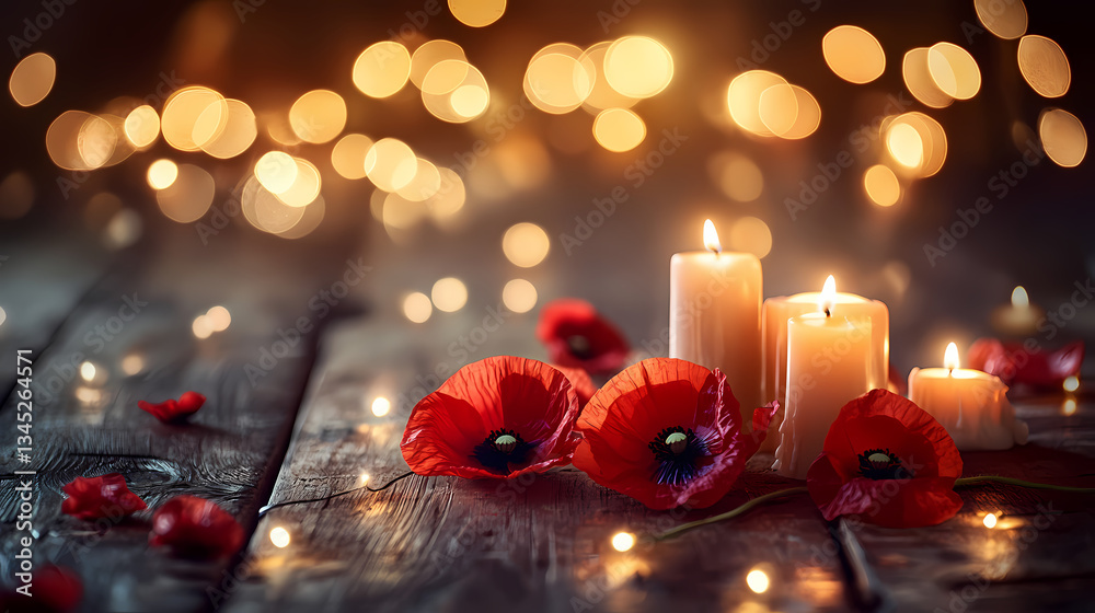 Candlelit Remembrance: A poignant display featuring vibrant red poppies and gently flickering candles, casting a warm, ethereal glow against a rustic wooden surface. Candlelit Remembrance: A poignant display featuring vibrant red poppies and gently flickering candles, casting a warm, ethereal glow against a rustic wooden surface.