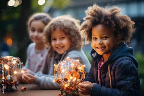  Happy children from different ethnic backgrounds are happily engaged in programming robot vehicles while sitting together