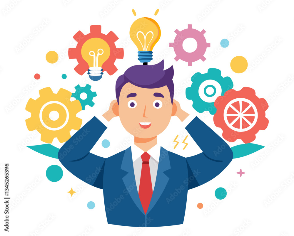 Creative Thinking Illustration, Featuring a Man with Ideas and Gears Surrounding Him, Representing Innovation and Problem Solving in a Modern, Flat Design Concept. Creative Thinking Illustration, Featuring a Man with Ideas and Gears Surrounding Him, Representing Innovation and Problem Solving in a Modern, Flat Design Concept.