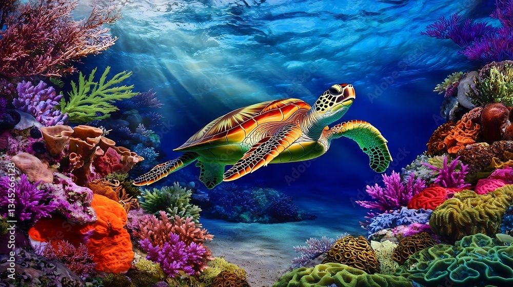 Fototapeta premium Mesmerizing underwater view of a sea turtle swimming gracefully through a coral reef high resolution photography capturing vibrant colors