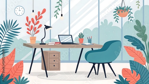 A Serene Workspace Bathed In Sunlight, A Haven Of Calm Amidst Lush Greenery And Minimalist Design, Inviting Focus And Tranquility