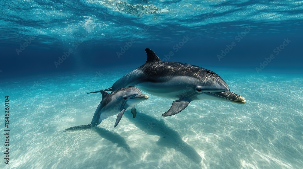 Fototapeta premium A baby dolphin swimming alongside its mother in clear blue water, creating a heartwarming scene with plenty of space for text.