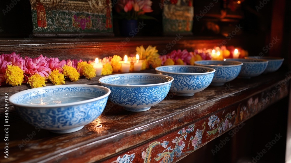 A Songkran festival display with water bowls, candles, and garlands on a wooden table. A Songkran festival display with water bowls, candles, and garlands on a wooden table.