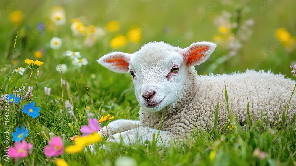 Naklejka premium A baby lamb lying in a grassy meadow, with colorful wildflowers scattered around and plenty of copy space.