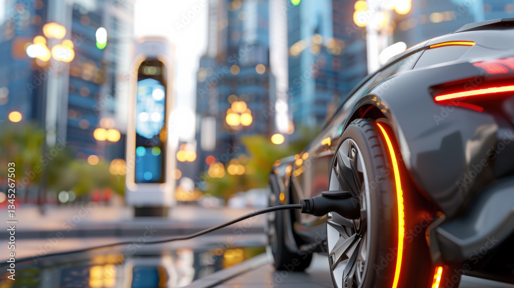sleek futuristic electric vehicle is charging at smart station in modern cityscape, with glowing lights and tall buildings in background, creating dynamic urban scene sleek futuristic electric vehicle is charging at smart station in modern cityscape, with glowing lights and tall buildings in background, creating dynamic urban scene