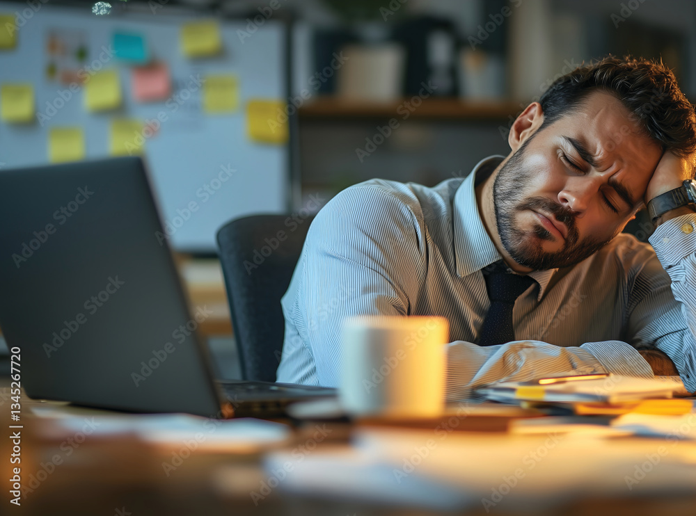 Obraz premium Overworked and Exhausted: Man Sleeping at Desk