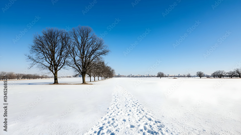 Obraz premium Winter Scene with Snow Covered Field Trees and Clear Blue Sky Daytime Lighting