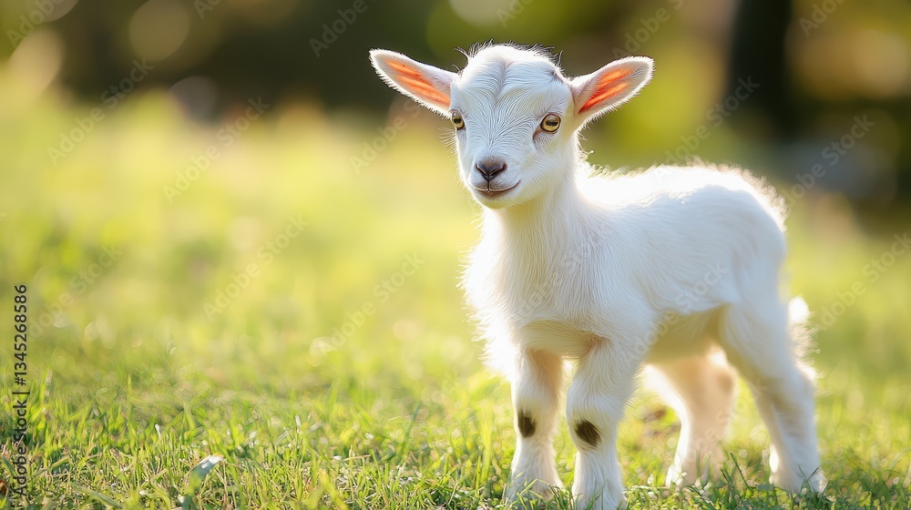 A cute baby goat standing on grass, with its large eyes and soft fur, in a field with plenty of room for text. A cute baby goat standing on grass, with its large eyes and soft fur, in a field with plenty of room for text.