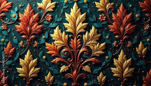 Symmetrical acanthus leaf damask, metallic sheen , design, seamless