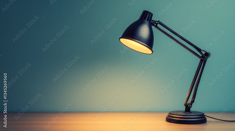 Close-up of a black desk lamp, light shining on a blank desk, soft and moody ambiance, empty space. Close-up of a black desk lamp, light shining on a blank desk, soft and moody ambiance, empty space.